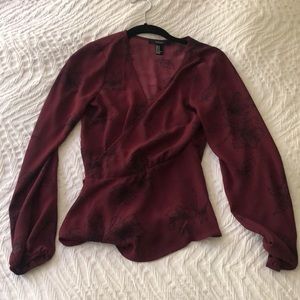 Forever 21 long sleeve red floral blouse with tie